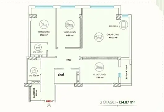 Satılır 3 otaqlı mənzil 134.8 m²