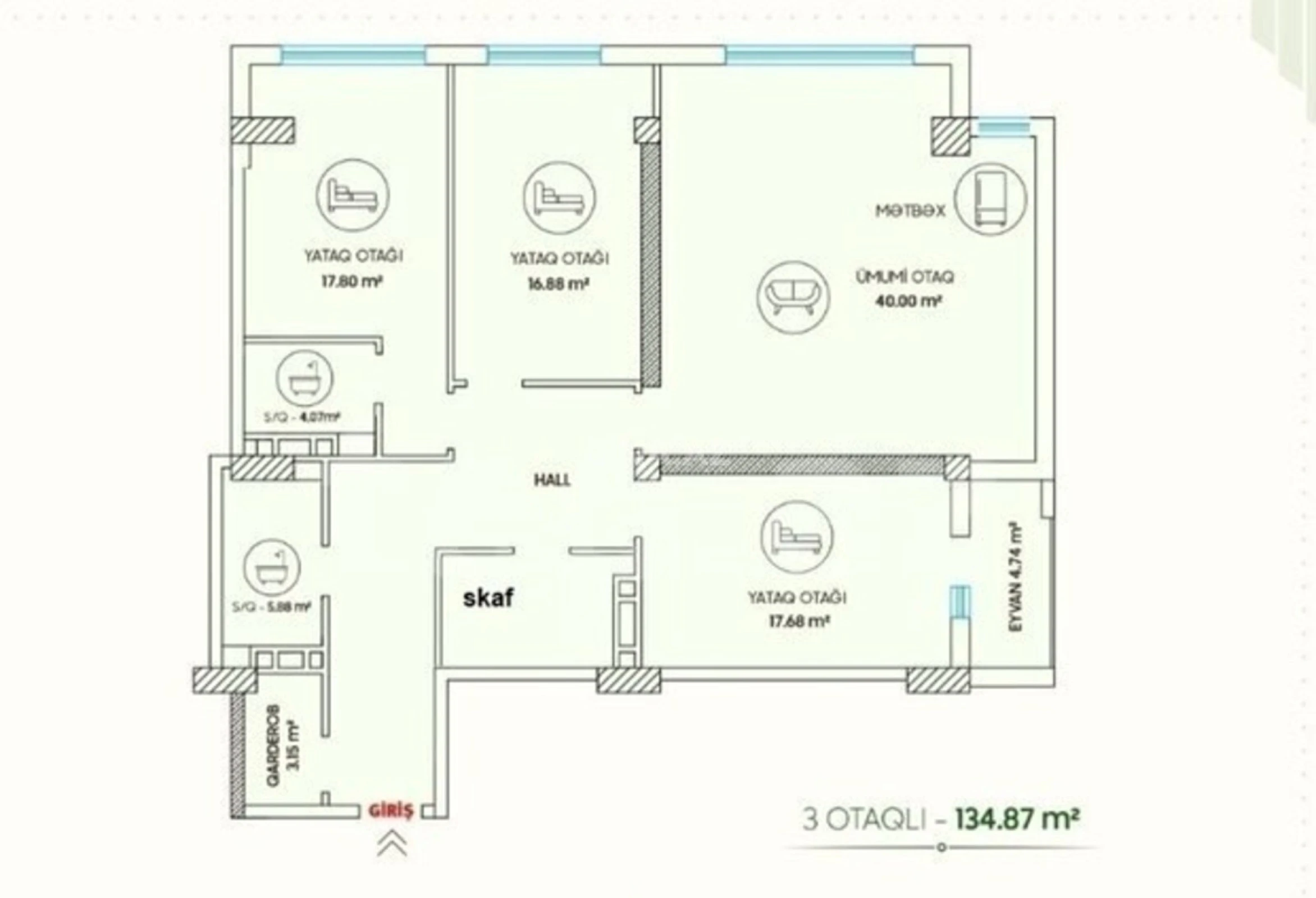 Satılır 3 otaqlı mənzil 135 m²