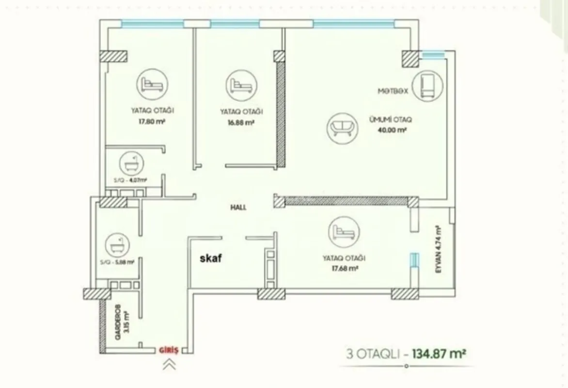 Satılır 3 otaqlı mənzil 135 m²