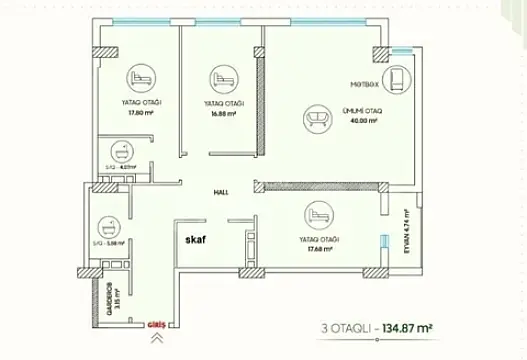 Satılır 3 otaqlı mənzil 135 m²