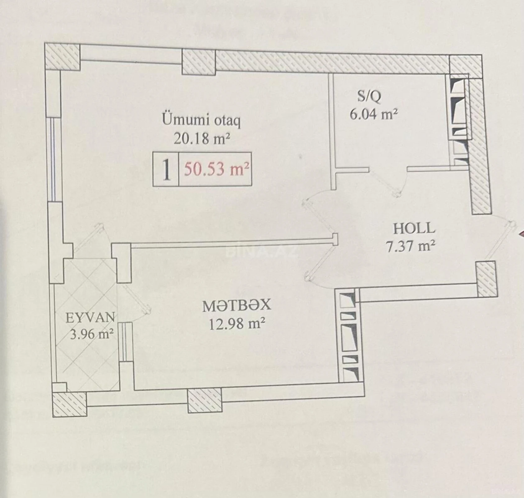 Satılır 1 otaqlı mənzil 50.5 m²