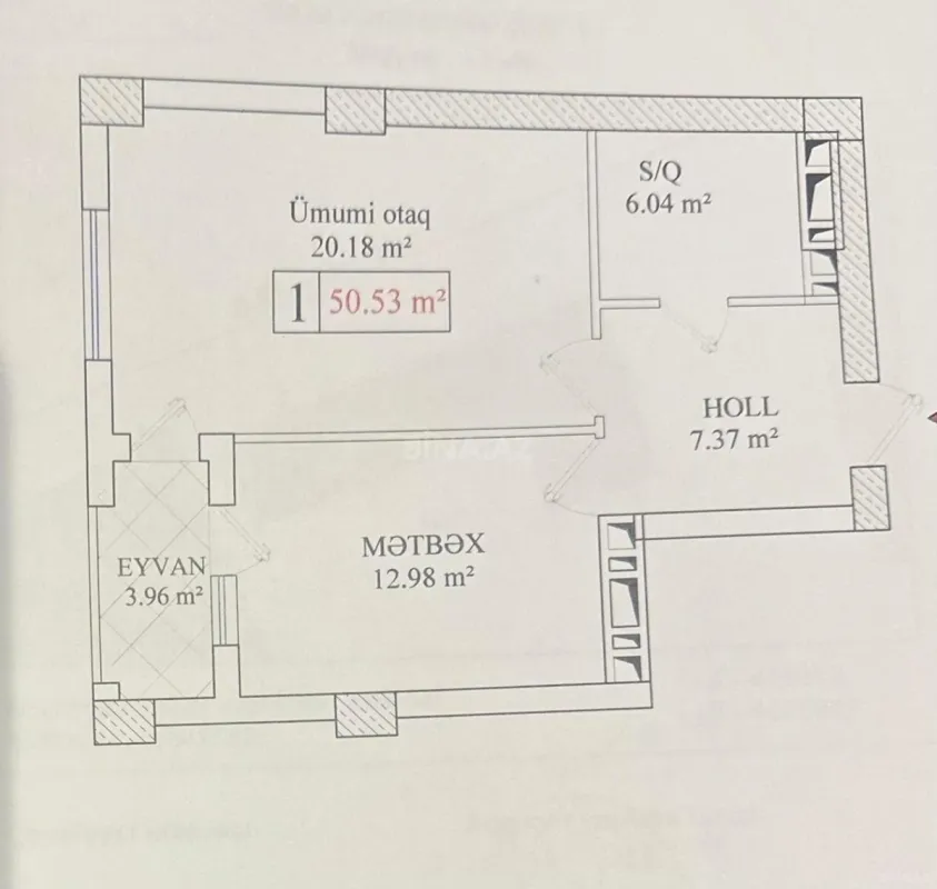 Satılır 1 otaqlı mənzil 50.5 m²