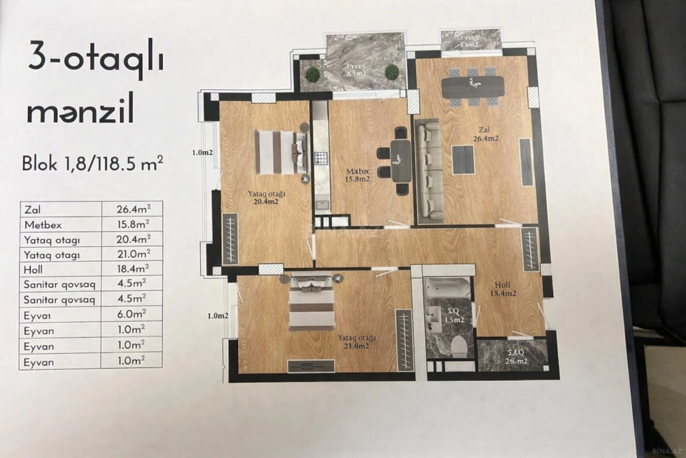 Satılır 3 otaqlı mənzil 118 m²