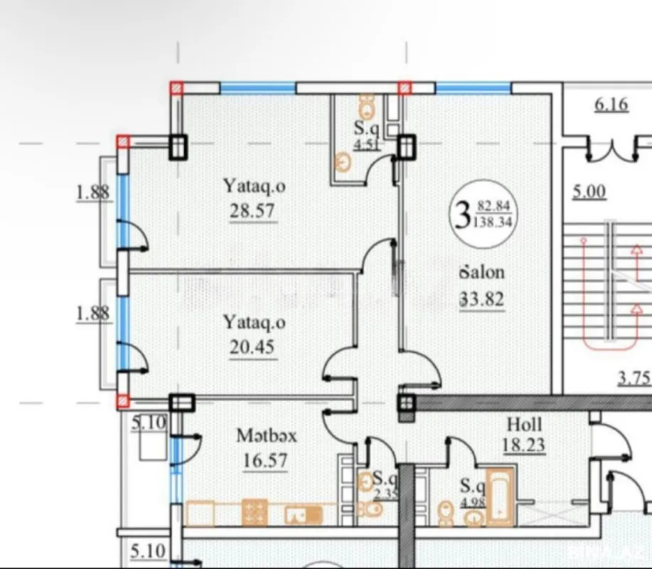 Satılır 3 otaqlı mənzil 138.4 m²