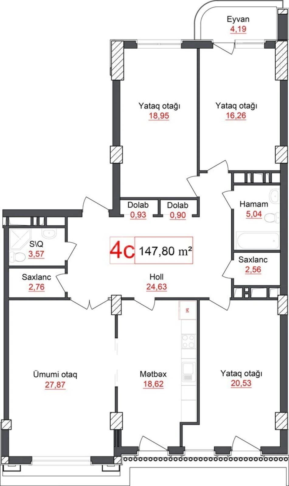 Satılır 4 otaqlı mənzil 147.8 m²