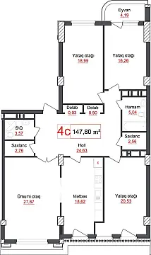 Satılır 4 otaqlı mənzil 147.8 m²