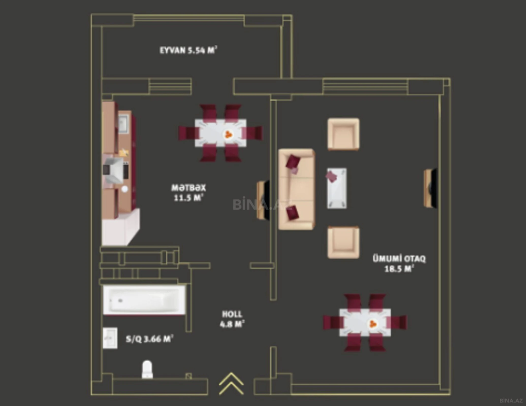 Satılır 1 otaqlı mənzil 44 m²