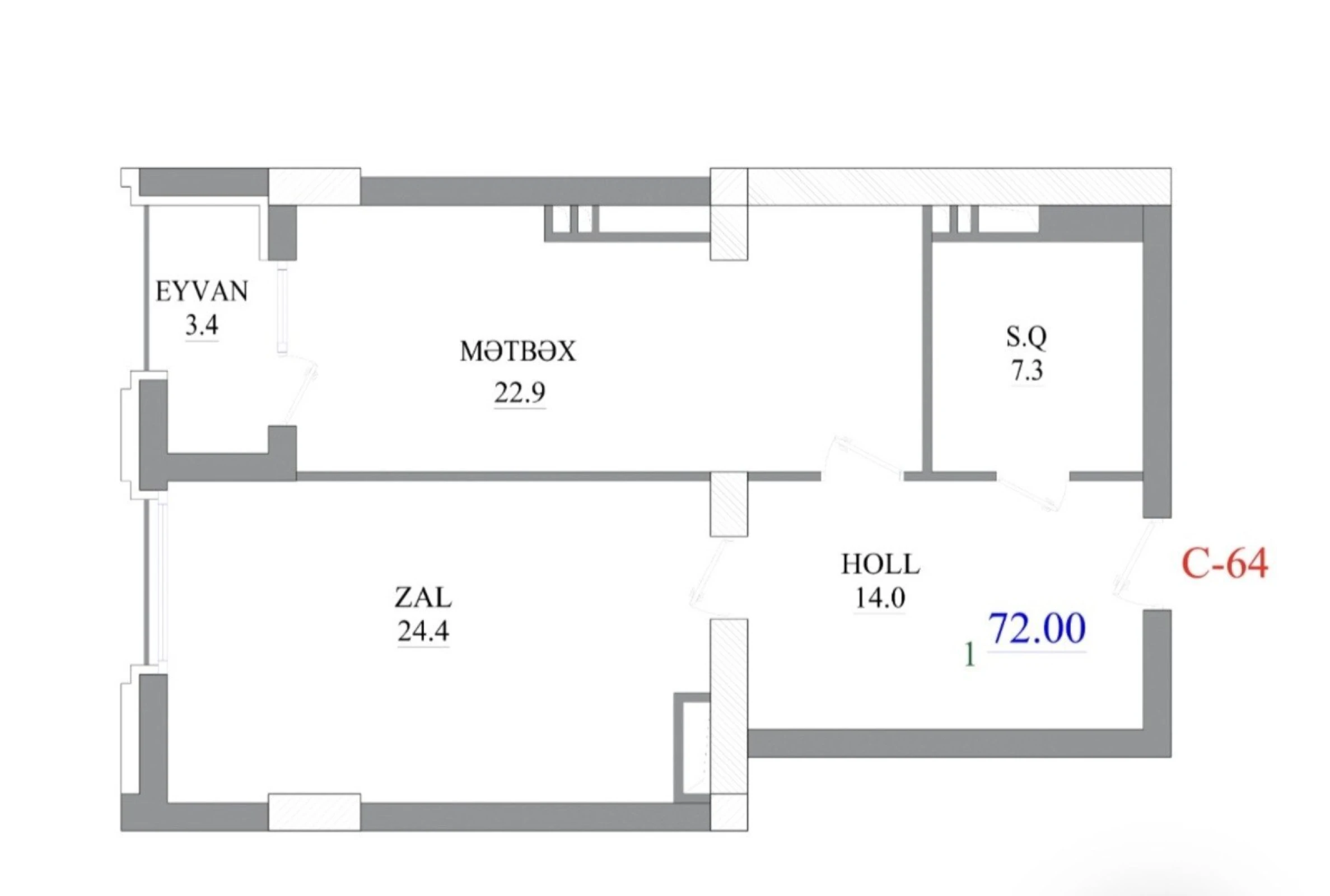 Satılır 2 otaqlı mənzil 72 m²
