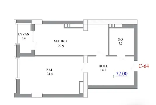 Satılır 2 otaqlı mənzil 72 m²