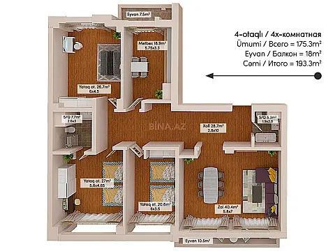 Satılır 4 otaqlı mənzil 193.3 m²