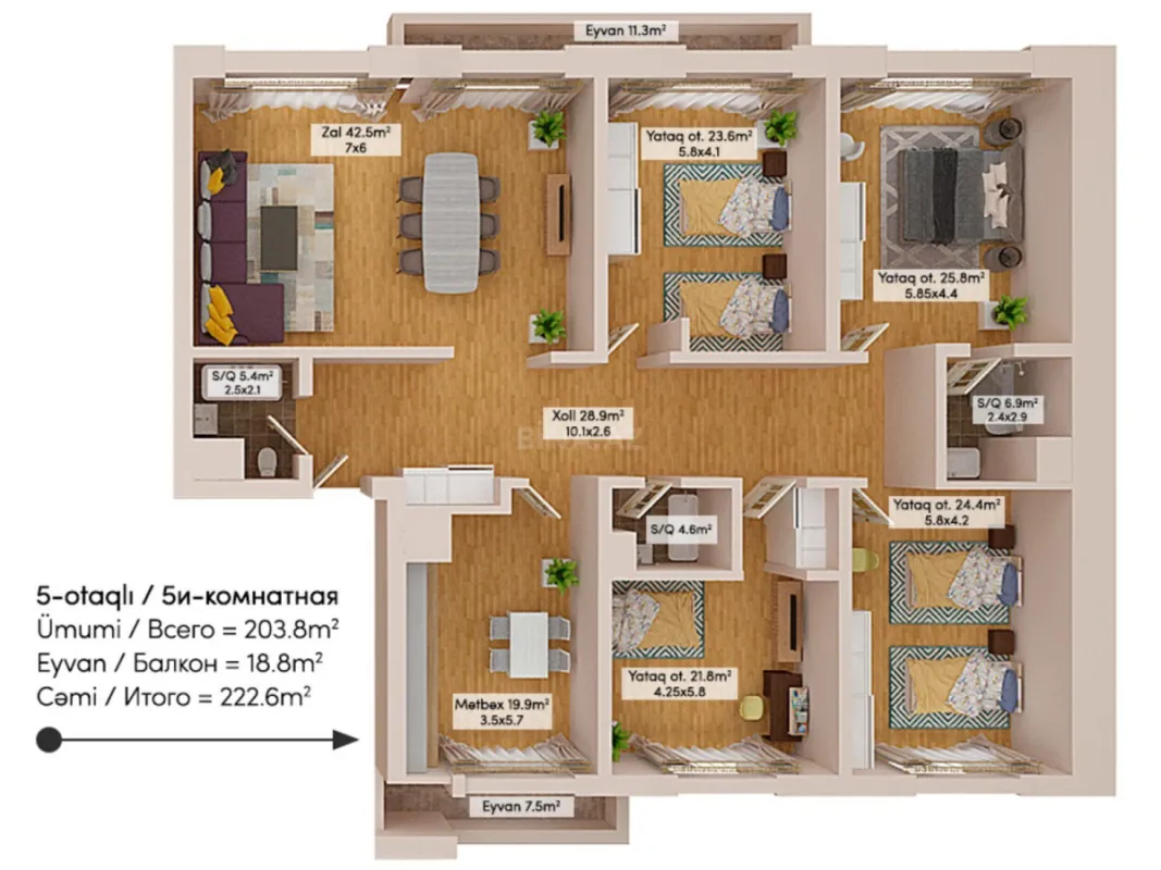 Satılır 5 otaqlı mənzil 222.6 m²