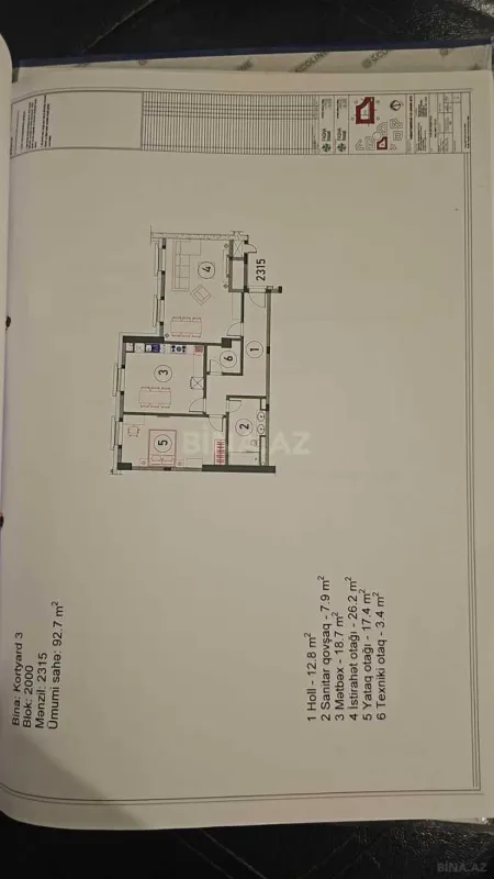 Satılır 3 otaqlı mənzil 92.7 m²