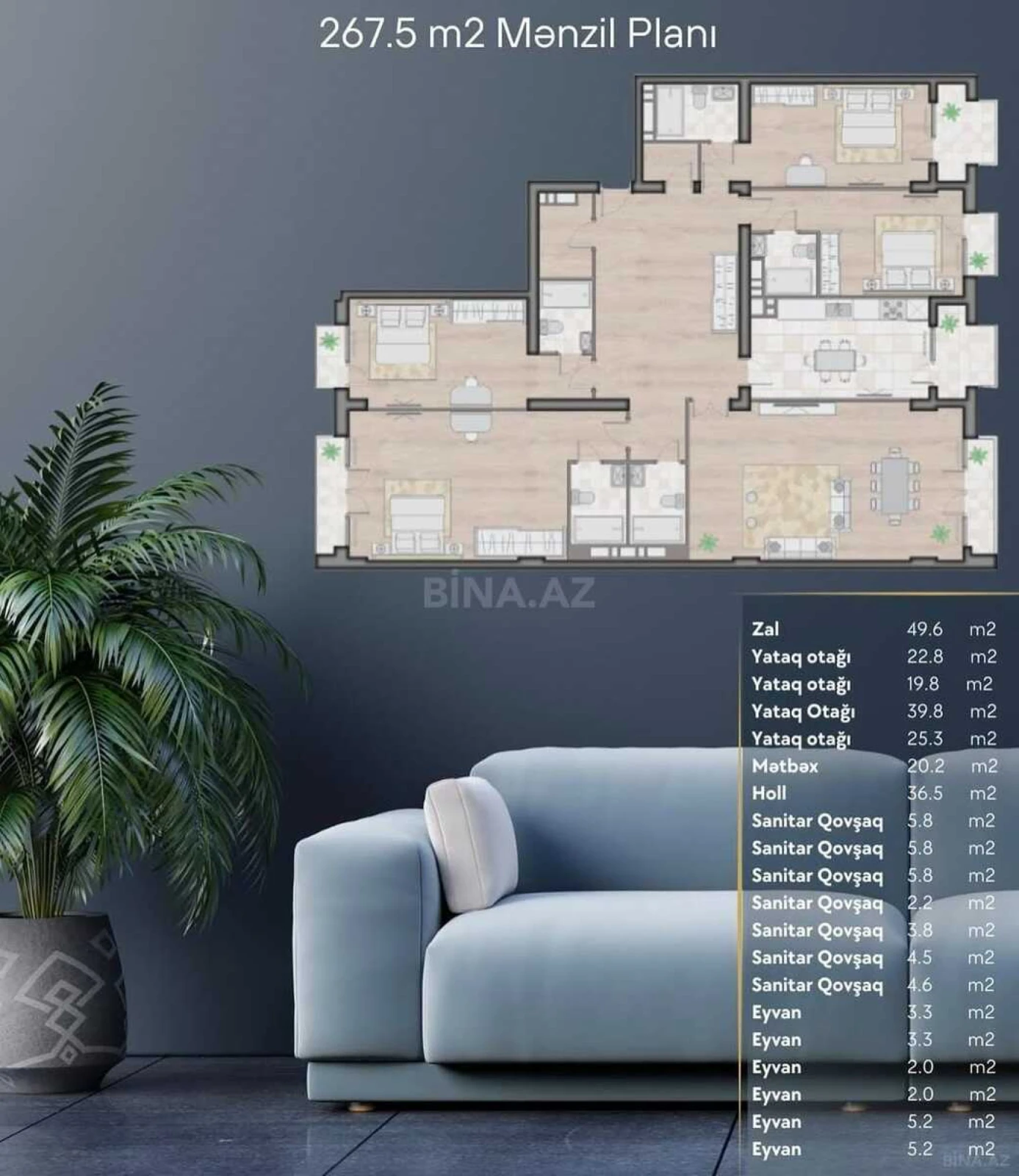 Satılır 5 otaqlı mənzil 267 m²