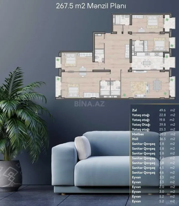 Satılır 5 otaqlı mənzil 267 m²