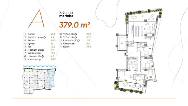 Satılır 5 otaqlı mənzil 379 m²