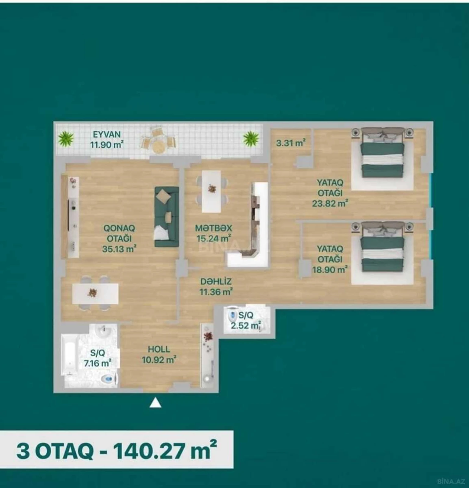 Satılır 3 otaqlı mənzil 140 m²