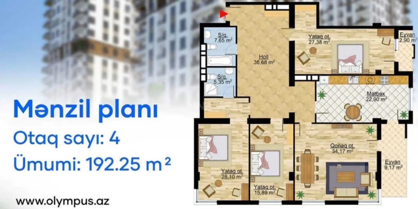 Satılır 4 otaqlı mənzil 192.5 m²