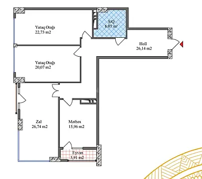 Satılır 3 otaqlı mənzil 124.1 m²