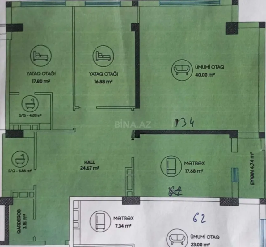 Satılır 3 otaqlı mənzil 135 m²