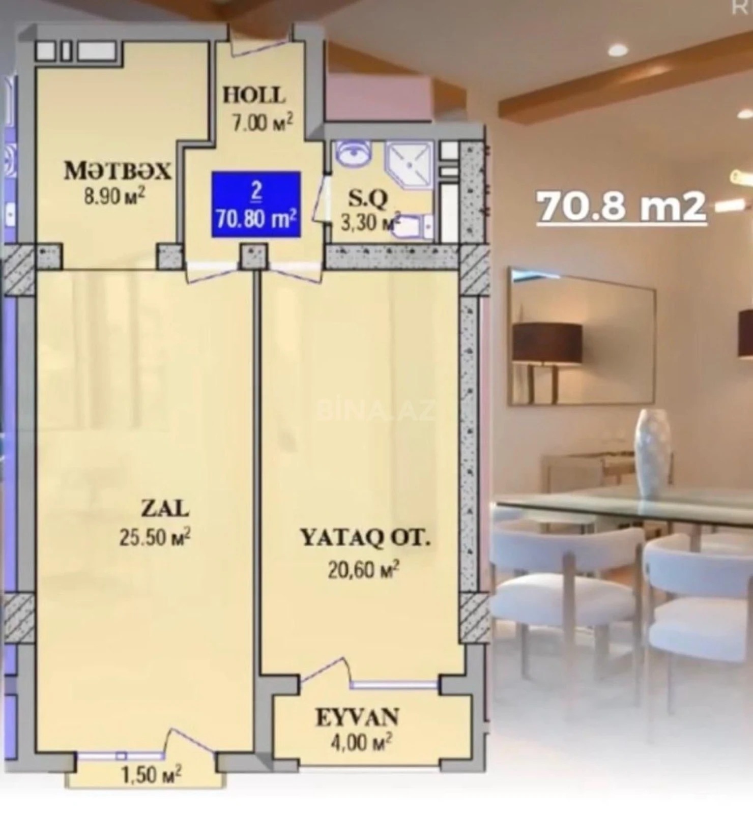 Satılır 2 otaqlı mənzil 70.8 m²