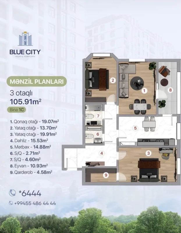 Satılır 3 otaqlı mənzil 106 m²