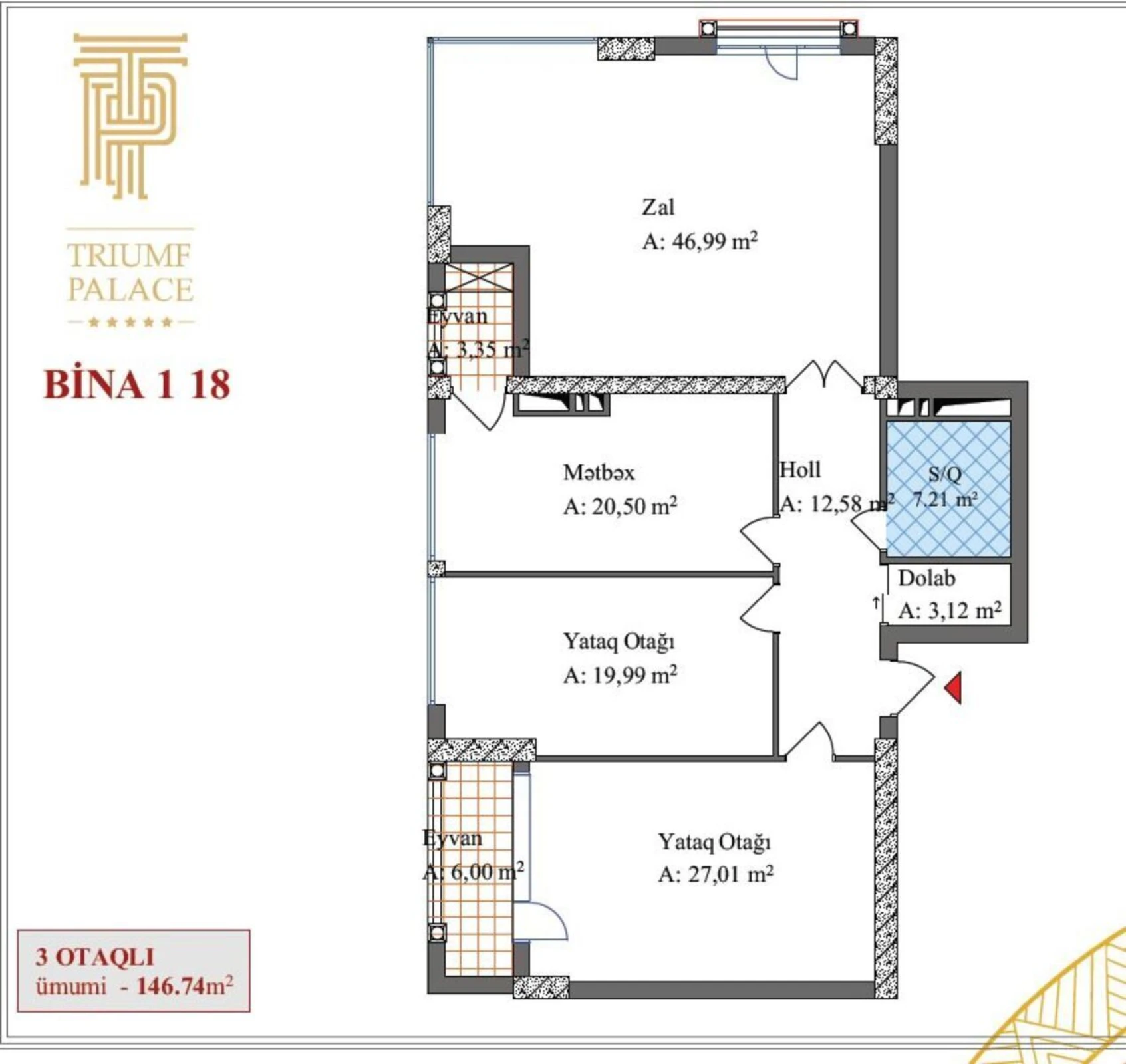 Satılır 3 otaqlı mənzil 146.7 m²