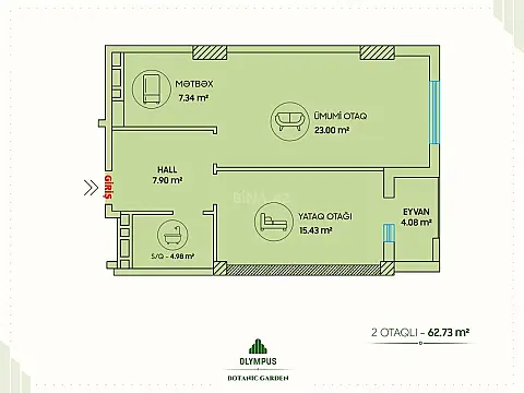 Satılır 2 otaqlı mənzil 63 m²
