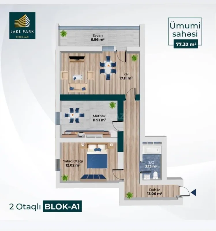 Satılır 2 otaqlı mənzil 77.3 m²
