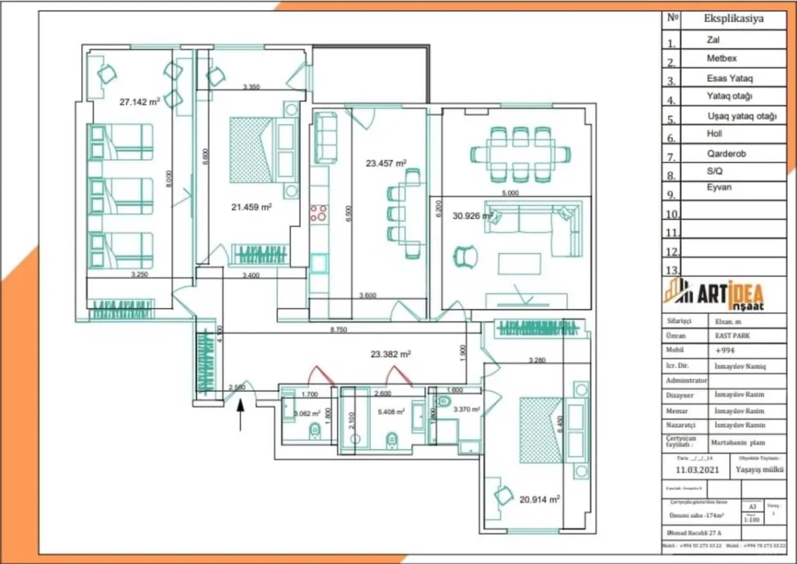 Satılır 4 otaqlı mənzil 174 m²