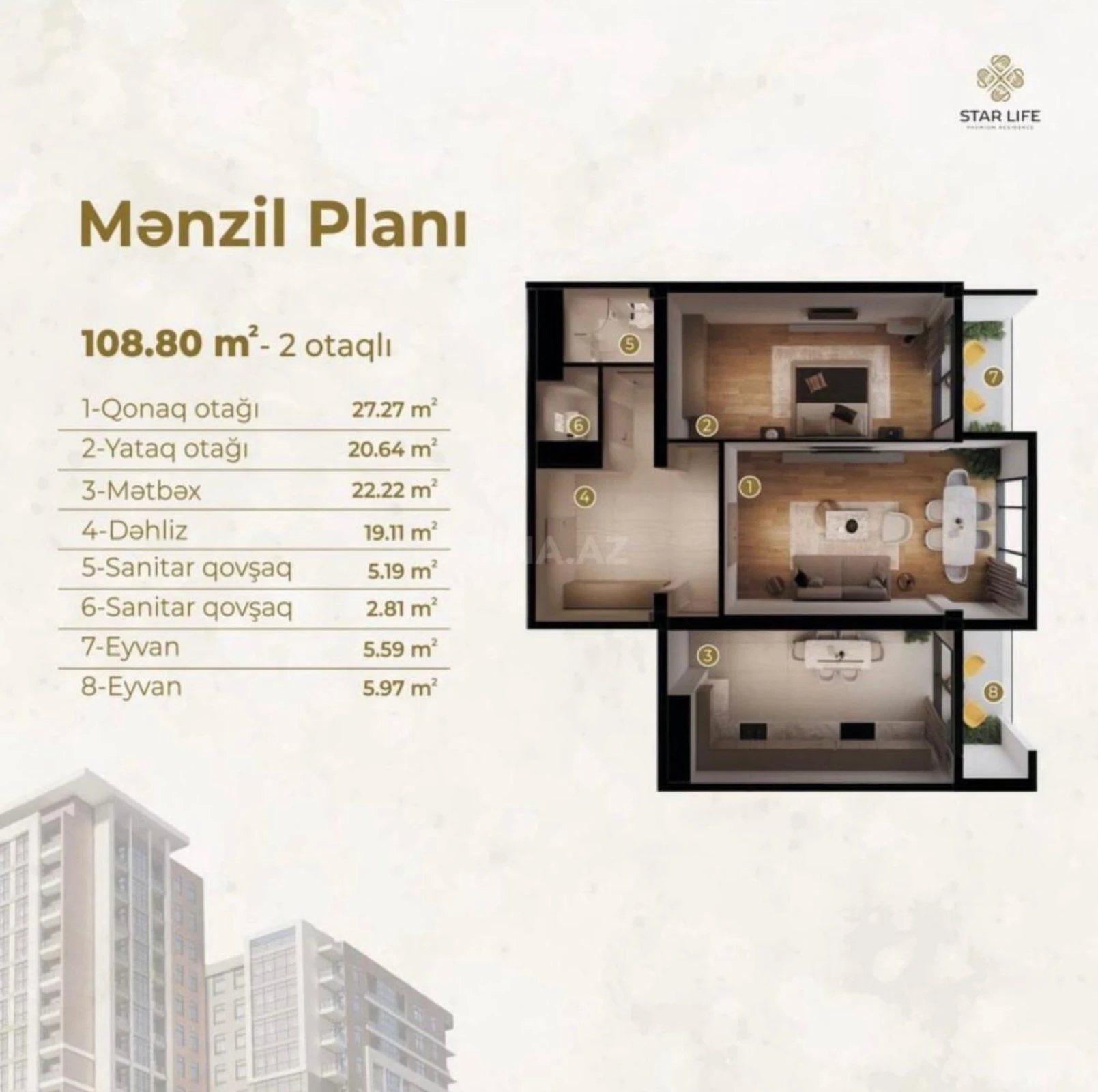 Satılır 2 otaqlı mənzil 109 m²
