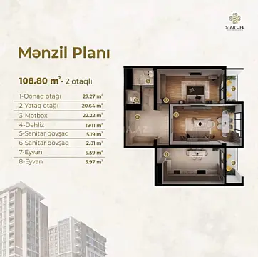 Satılır 2 otaqlı mənzil 109 m²