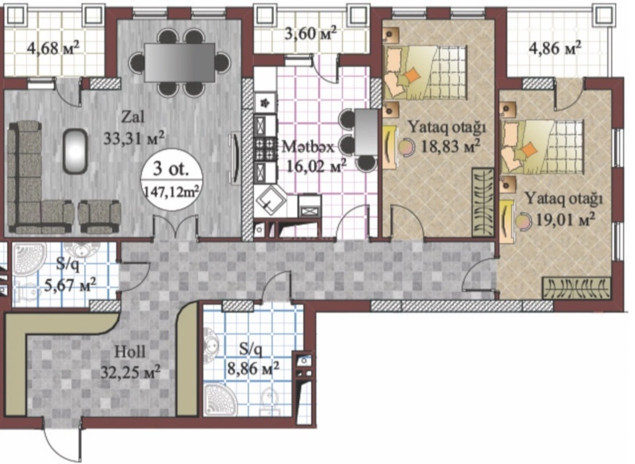 Satılır 3 otaqlı mənzil 147 m²