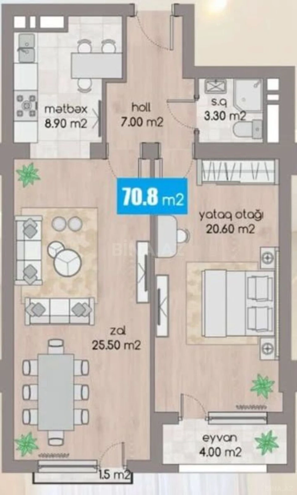 Satılır 2 otaqlı mənzil 71 m²