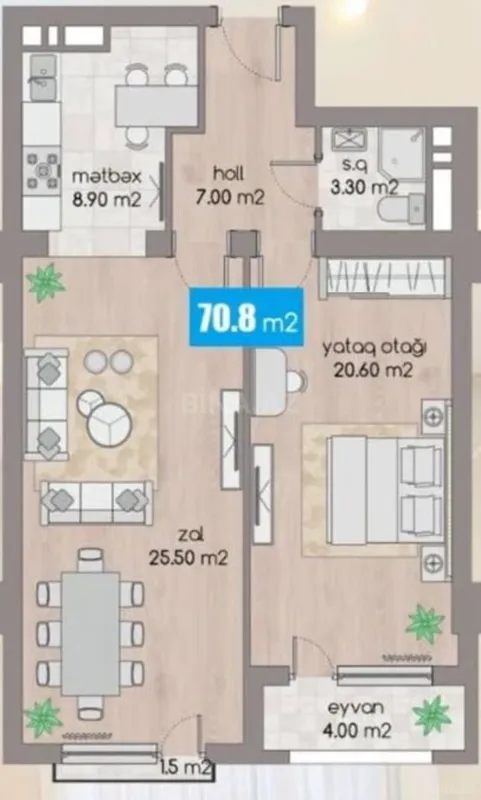 Satılır 2 otaqlı mənzil 71 m²