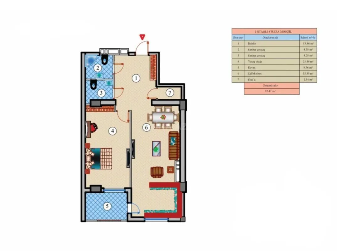 Satılır 2 otaqlı mənzil 93 m²