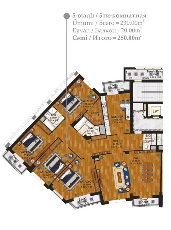 Satılır 5 otaqlı mənzil 250 m²