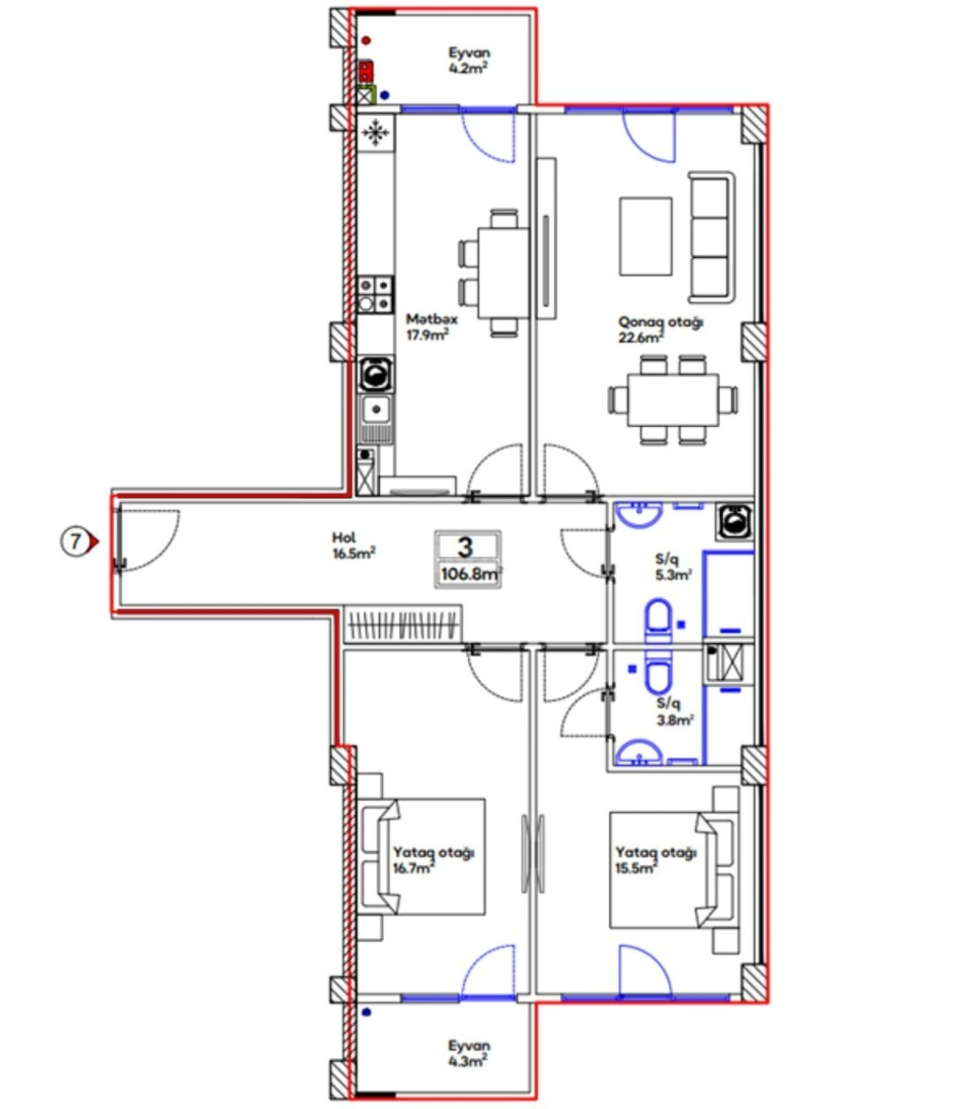 Satılır 3 otaqlı mənzil 106.8 m²