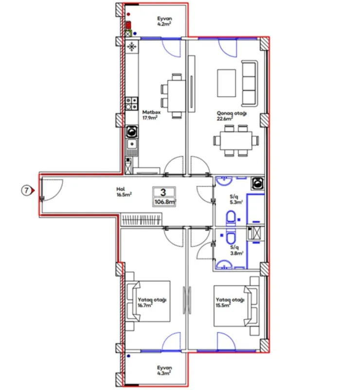 Satılır 3 otaqlı mənzil 106.8 m²