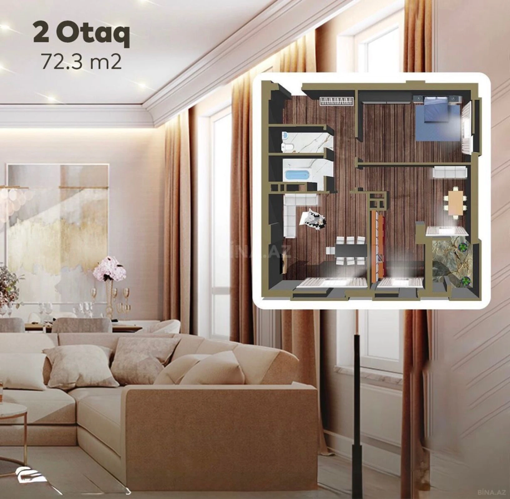 Satılır 2 otaqlı mənzil 72 m²