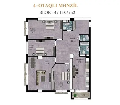 Satılır 4 otaqlı mənzil 148.3 m²