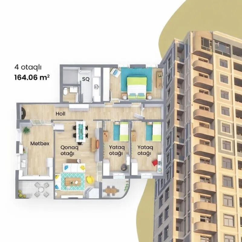 Satılır 4 otaqlı mənzil 165 m²