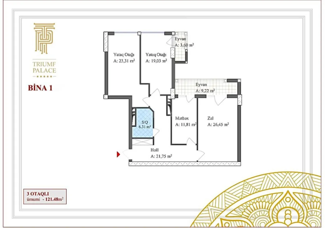 Satılır 3 otaqlı mənzil 122 m²