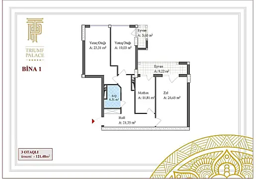 Satılır 3 otaqlı mənzil 122 m²