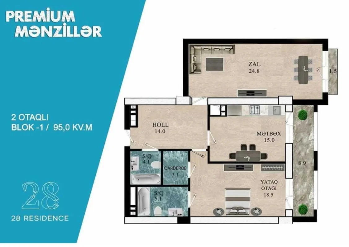 Satılır 2 otaqlı mənzil 95 m²