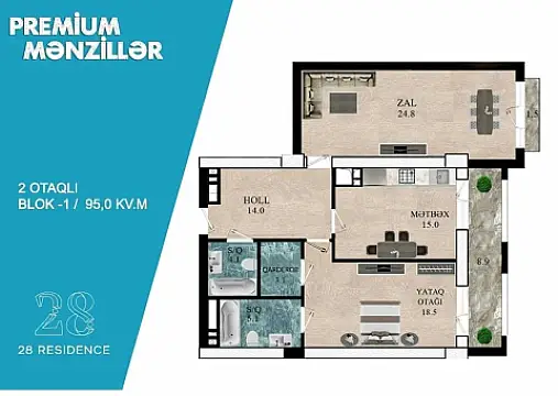 Satılır 2 otaqlı mənzil 95 m²