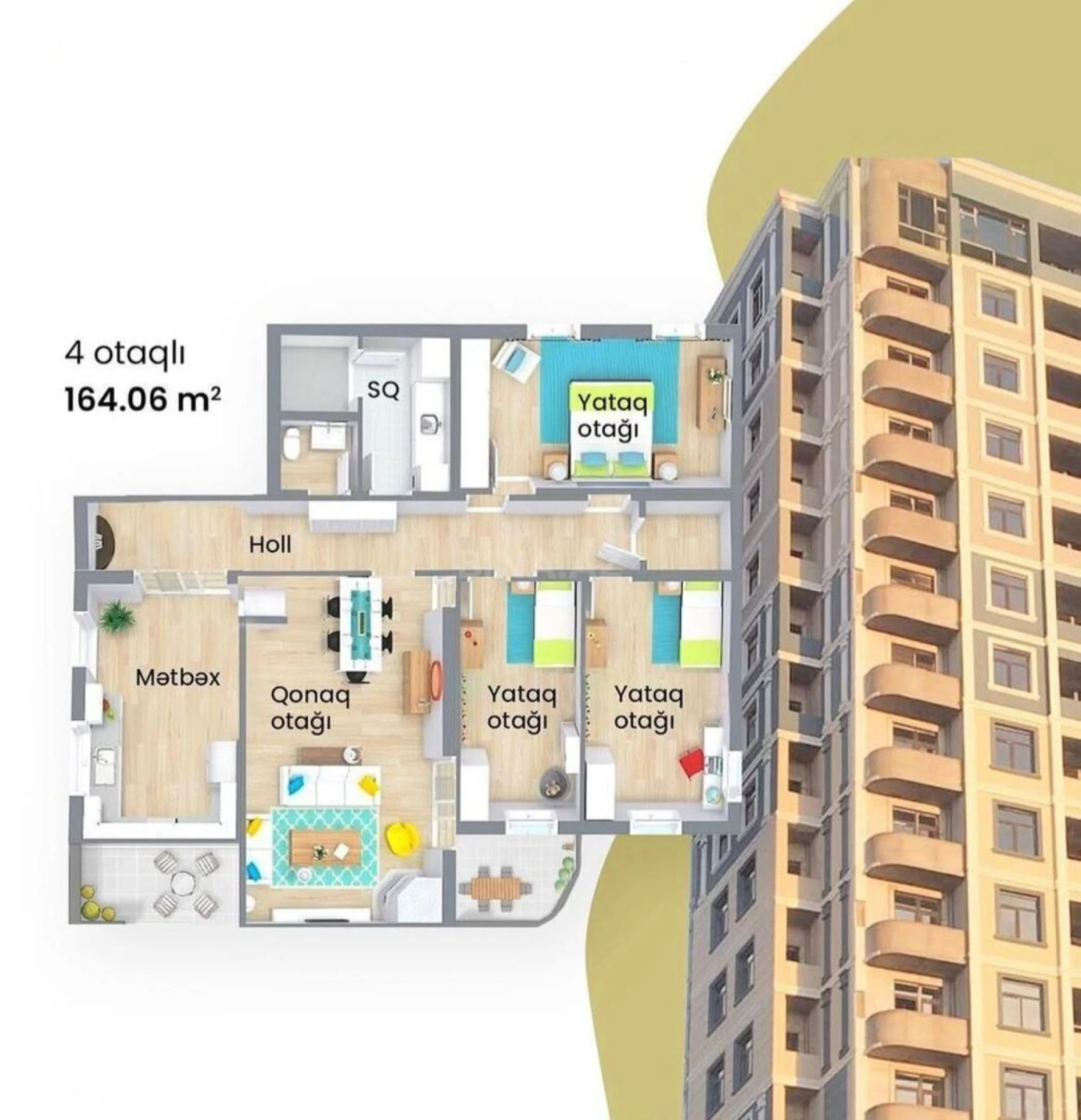 Satılır 4 otaqlı mənzil 164 m²