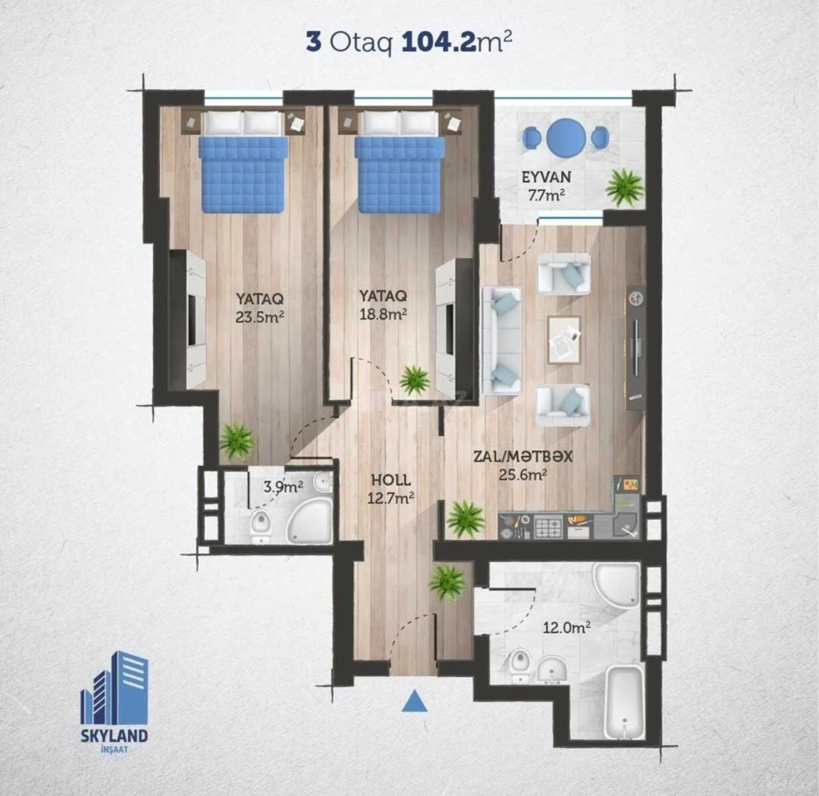 Satılır 2 otaqlı mənzil 104.2 m²