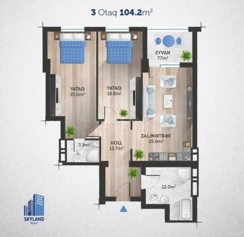 Satılır 2 otaqlı mənzil 104.2 m²