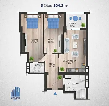 Satılır 2 otaqlı mənzil 104.2 m²