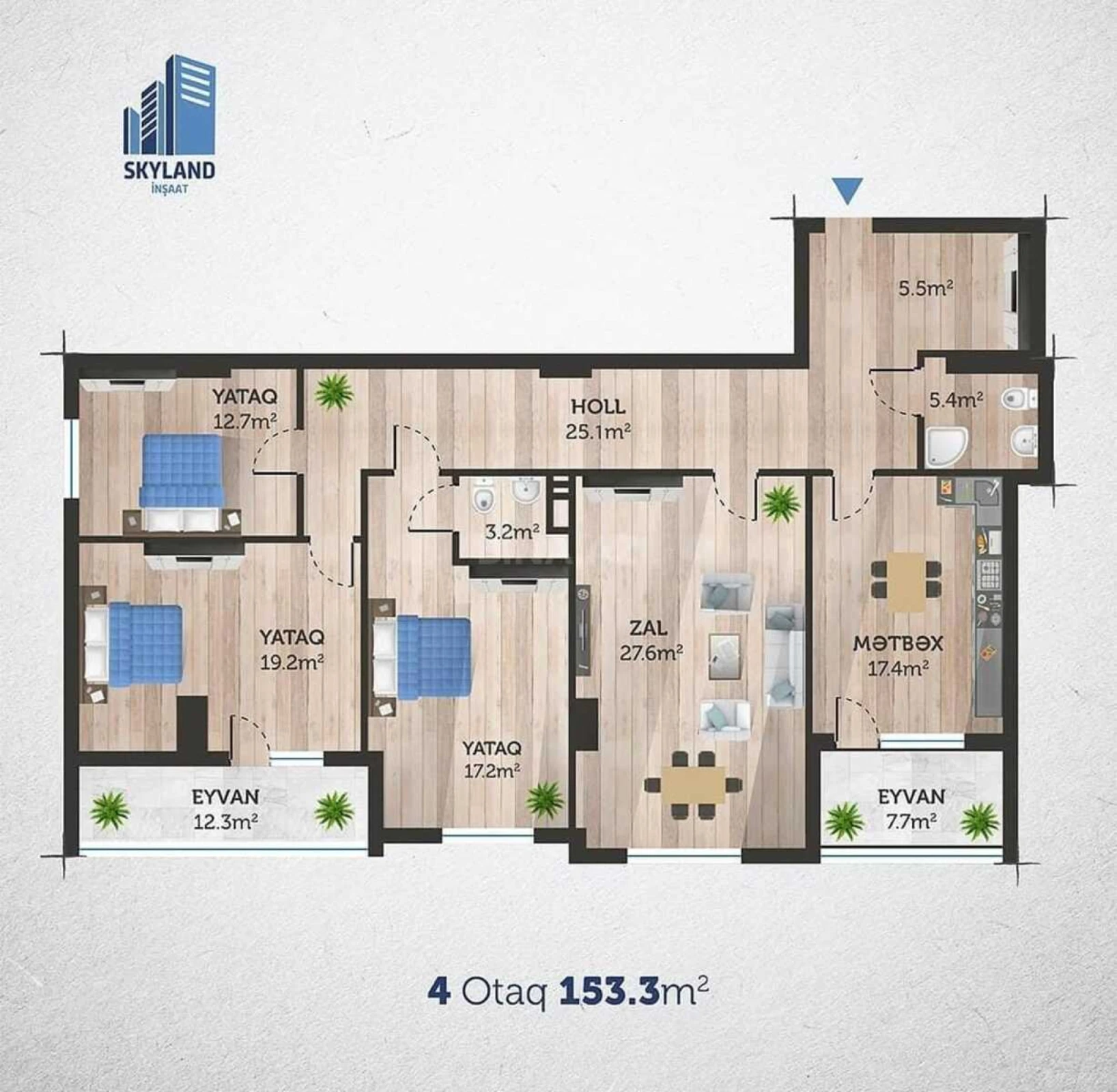 Satılır 4 otaqlı mənzil 153.3 m²